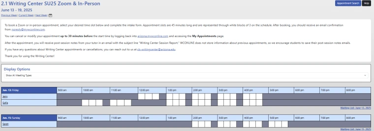image of wconline schedule in person and zoom